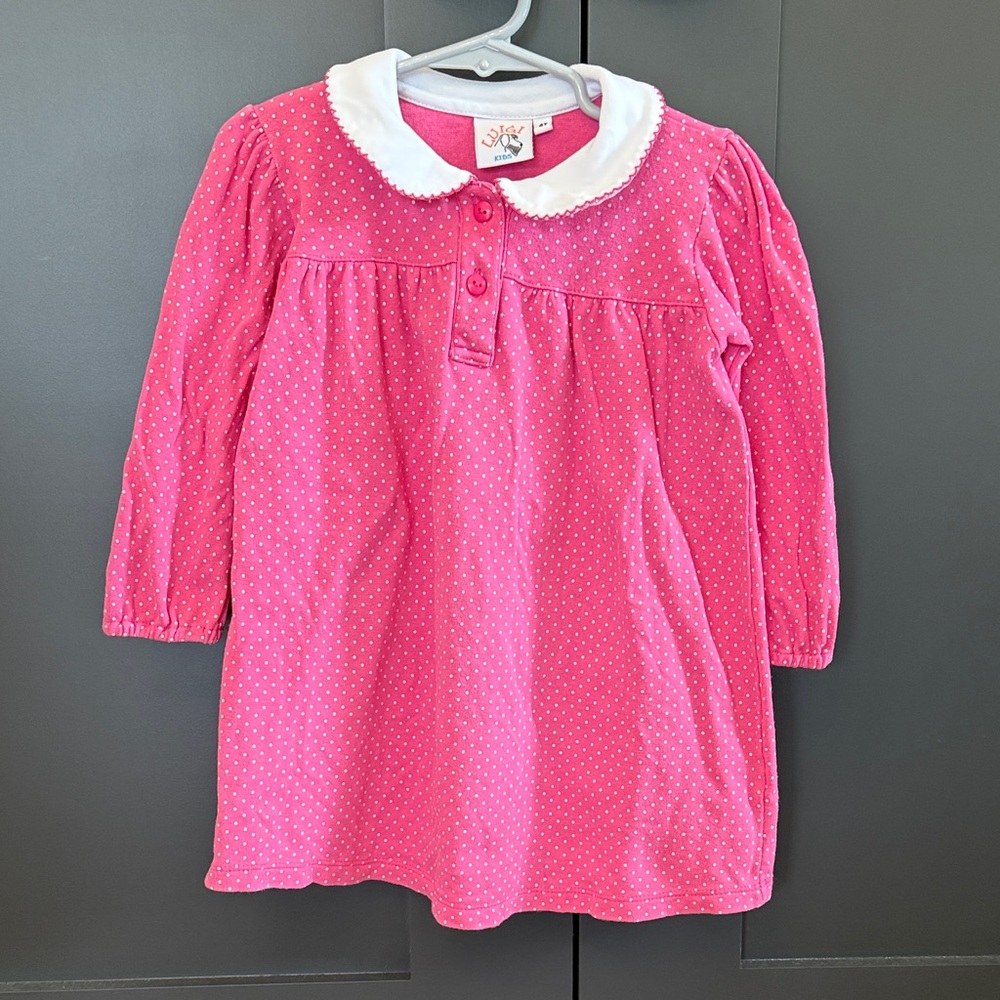 Luigi Girls Long Sleeve Collard Pink Polkadot Dress